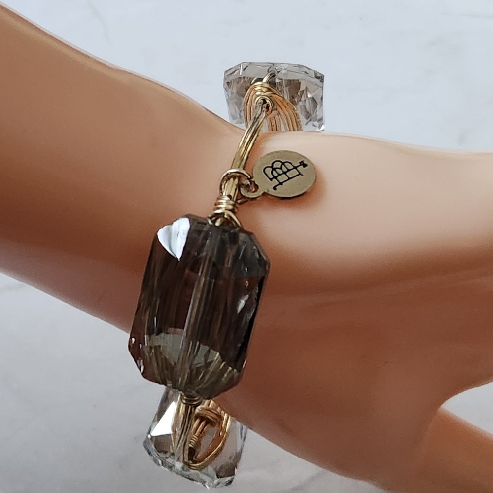 Bourbon & Bowties Wire Wrap Gold Tone Smokey Quartz Emerald Cut Bangle Bracelet